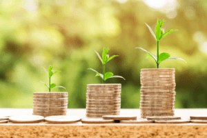 Increasing piles of coins with increasing sizes of plants growing from them.