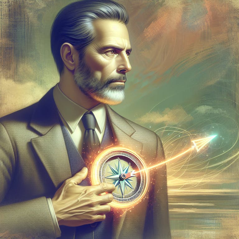 Funky Media AI generated image of a bearded man following their inner compass, their intuition.