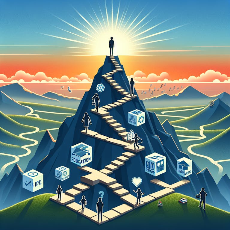 Stairs going up a mountain with different areas of life all adding up to being a success.