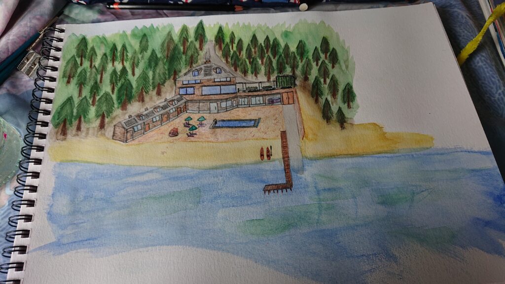 A hand drawn and water colour painted image of Jaiye's Lake House, her C Type goal.