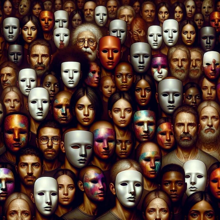 Funky Media AI generated image illustrating the fact that we wear masks to fit in with societal norms