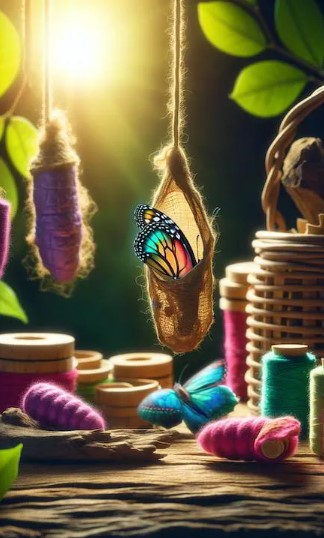 Butterfly emerging from a cocoon surrounded by spools of thread and a wicker basket. Created by FunkyMediaAI.
