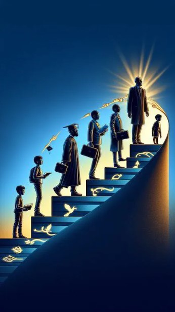 Humans on different steps of a staircase at different stages of human life from school through education through retirement.