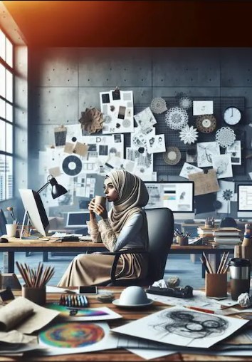 Woman in a head scarf sat thinking in a room surrounded by art work and paperwork.