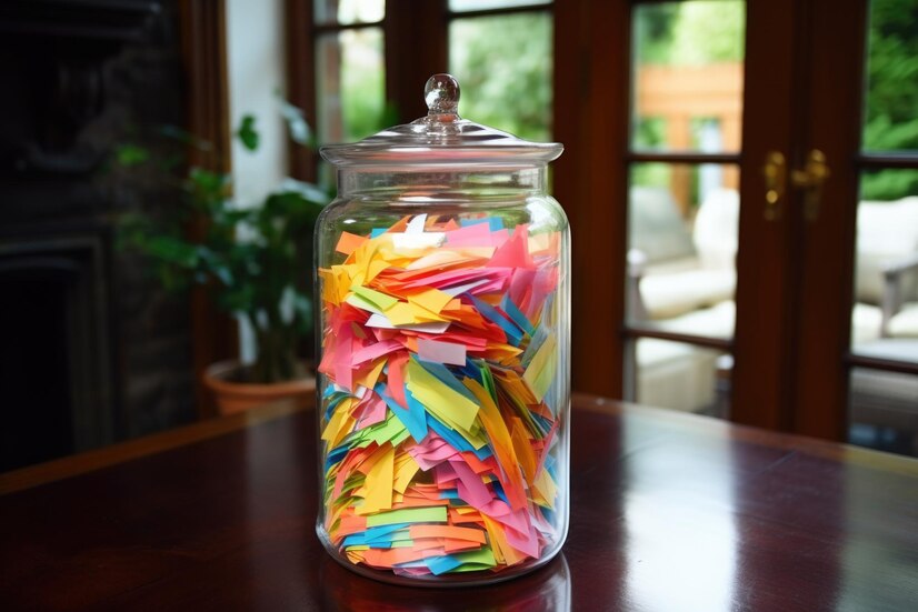 Glass jar filled with folded colourful bits of paper.